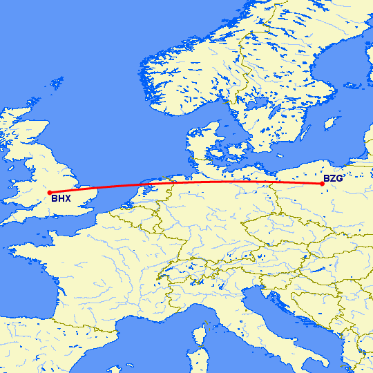 перелет Быдгощ — Бирмингем на карте