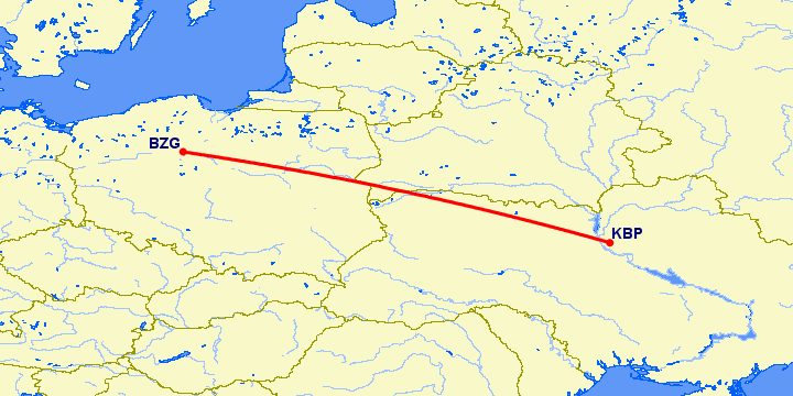 перелет Быдгощ — Киев на карте