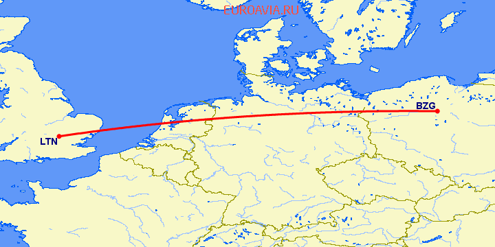 перелет Быдгощ — Luton на карте