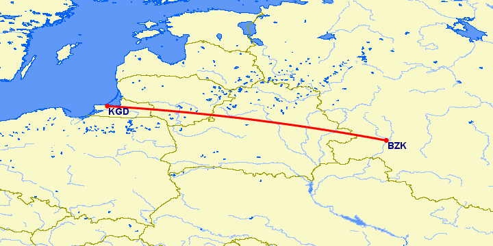 перелет Брянск — Калининград на карте