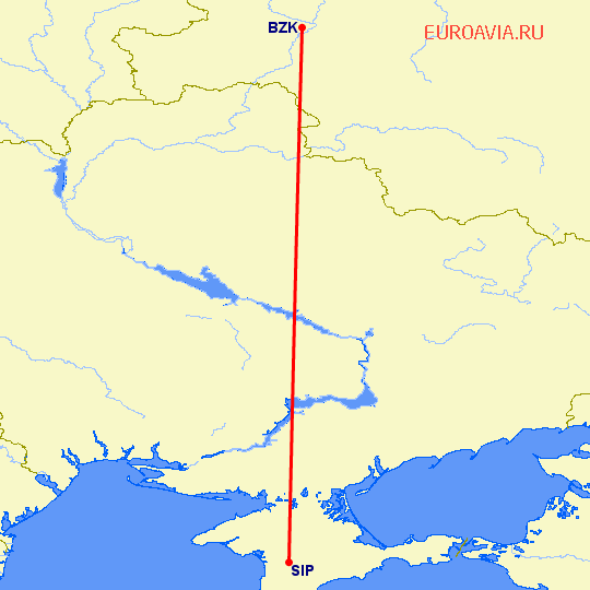 перелет Брянск — Симферополь на карте