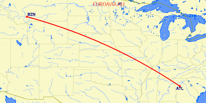 перелет Bozeman — Атланта на карте