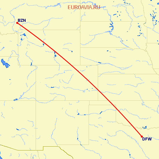 перелет Bozeman — Даллас на карте