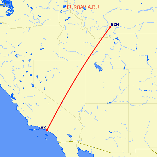 перелет Bozeman — Лос Анджелес на карте