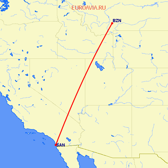 перелет Bozeman — Сан Диего на карте