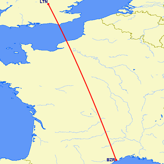 перелет Безьер — Luton на карте