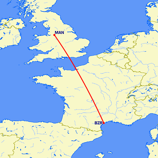перелет Безьер — Манчестер на карте