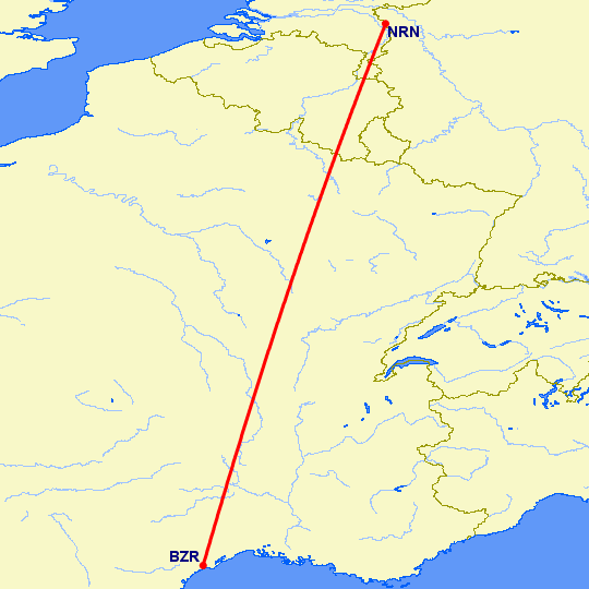 перелет Безьер — Дюссельдорф на карте