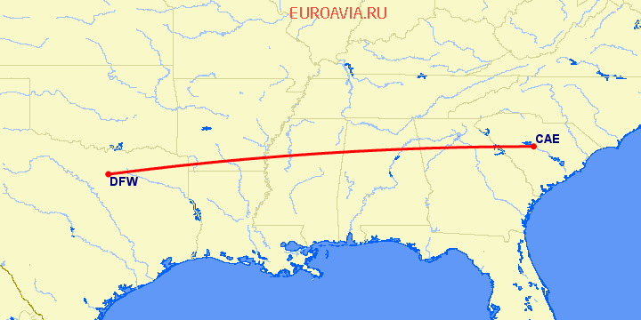 перелет Columbia — Даллас на карте