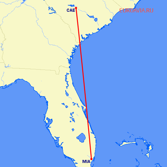 перелет Columbia — Майами на карте