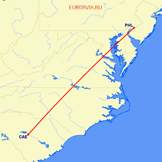 перелет Columbia — Филадельфия на карте