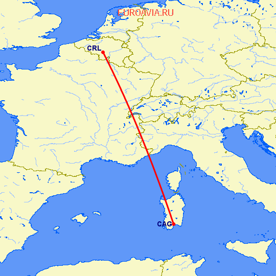 перелет Кальяри — Шарлеруа на карте