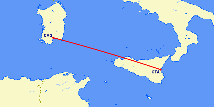 перелет Кальяри — Катания на карте