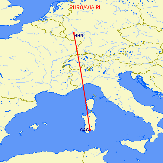 перелет Кальяри — Hahn на карте