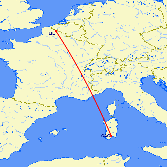перелет Кальяри — Лилль на карте