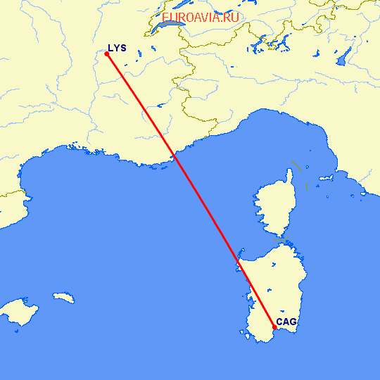 перелет Кальяри — Лион на карте
