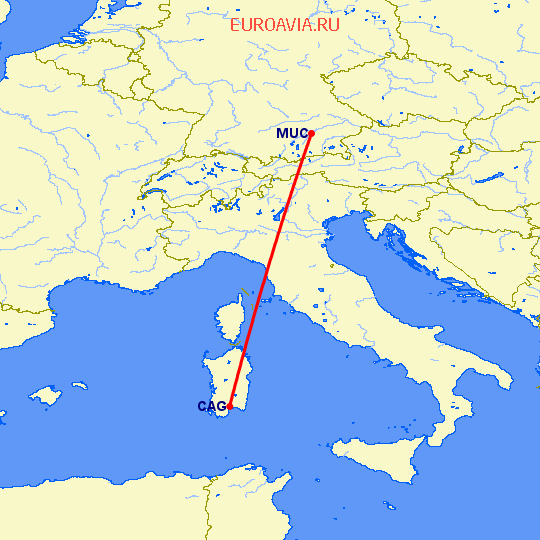 перелет Кальяри — Мюнхен на карте