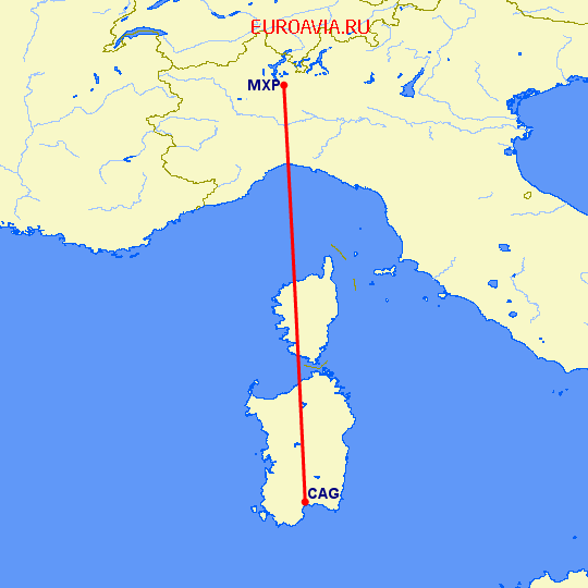 перелет Кальяри — Милан на карте
