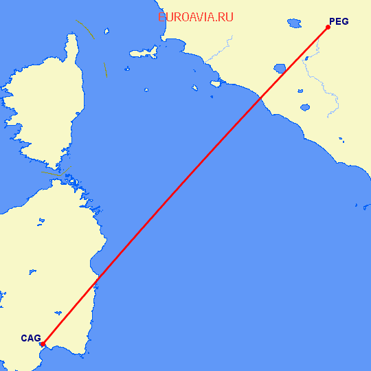 перелет Кальяри — Перужия на карте