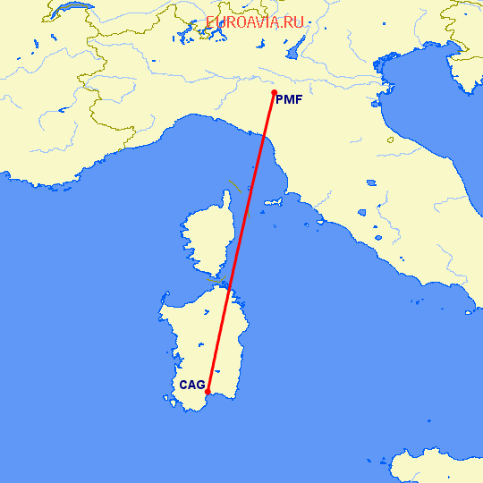 перелет Кальяри — Парма на карте
