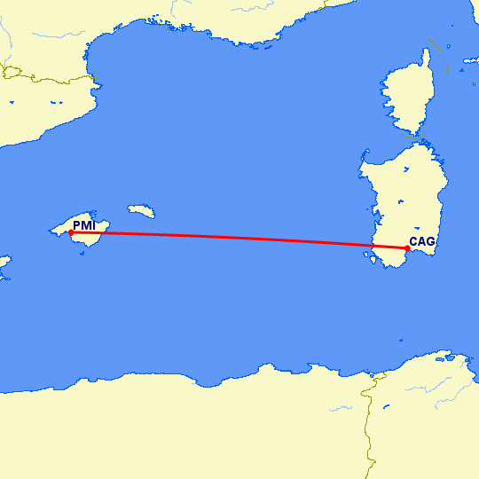 перелет Кальяри — Пальма де Майорка на карте
