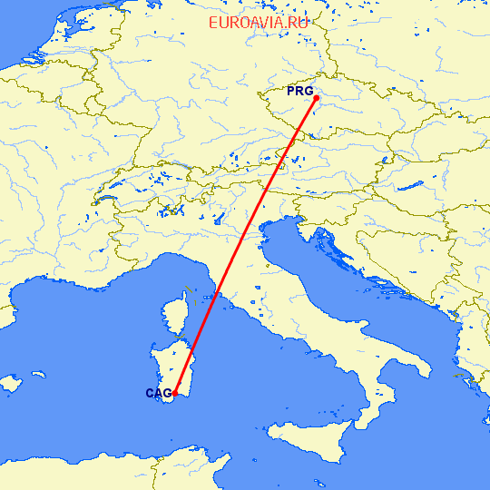 перелет Кальяри — Прага на карте