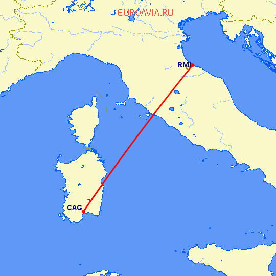 перелет Кальяри — Римини на карте