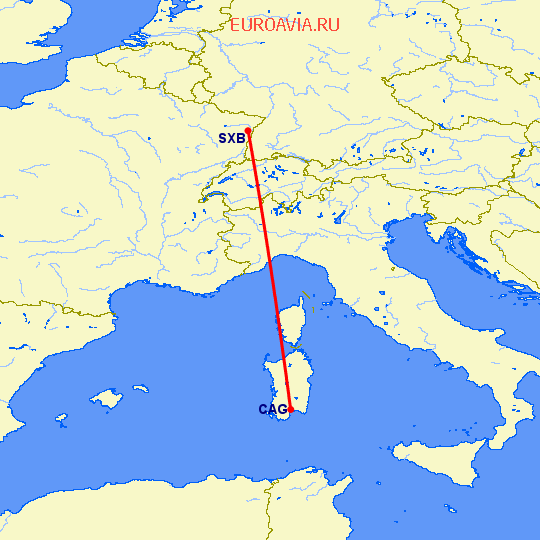 перелет Кальяри — Страсбург на карте
