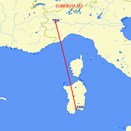 перелет Кальяри — Турин на карте