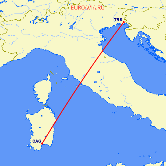 перелет Кальяри — Триест на карте