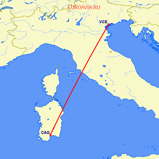 перелет Кальяри — Венеция на карте