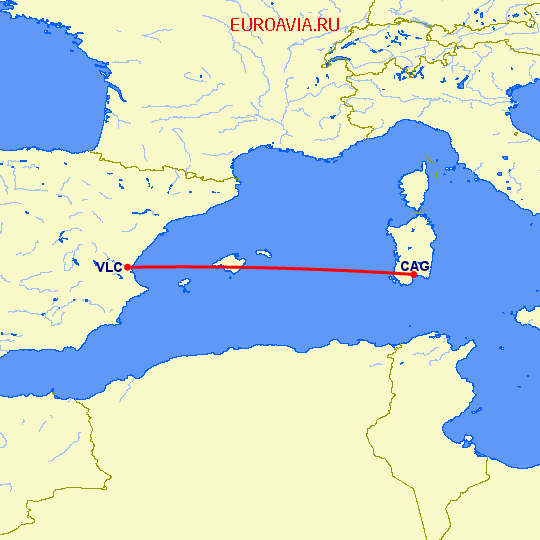 перелет Кальяри — Валенсия на карте