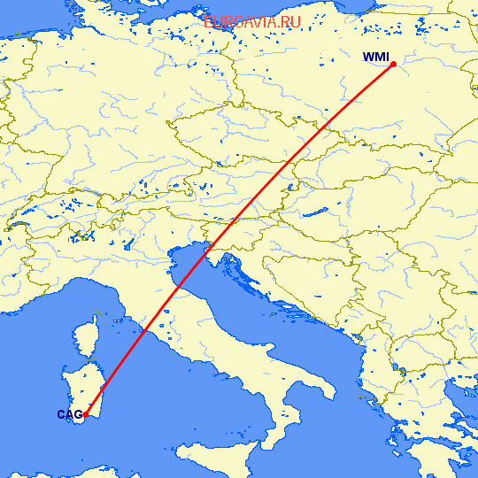 перелет Кальяри — Варшава на карте