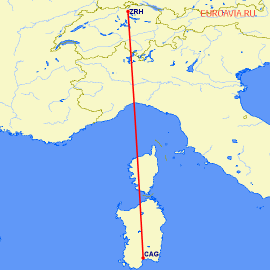 перелет Кальяри — Цюрих на карте