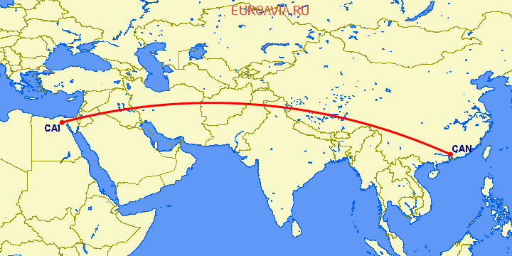перелет Каир — Гуанчжоу на карте