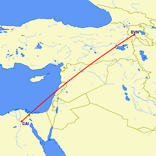 перелет Каир — Ереван на карте