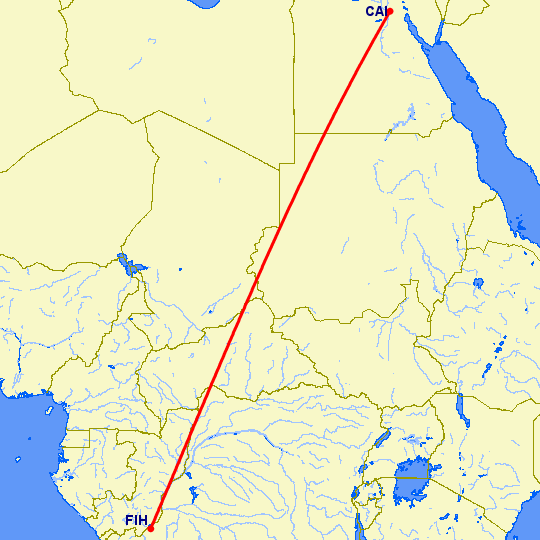 перелет Каир — Киншаса на карте