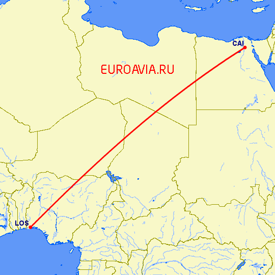 перелет Каир — Лагос на карте