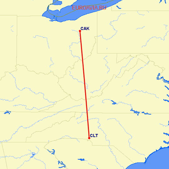 перелет Akron-Canton — Шарлотт на карте