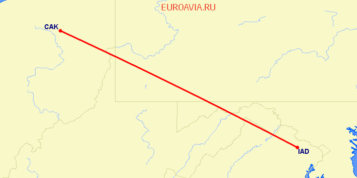 перелет Akron-Canton — Вашингтон на карте