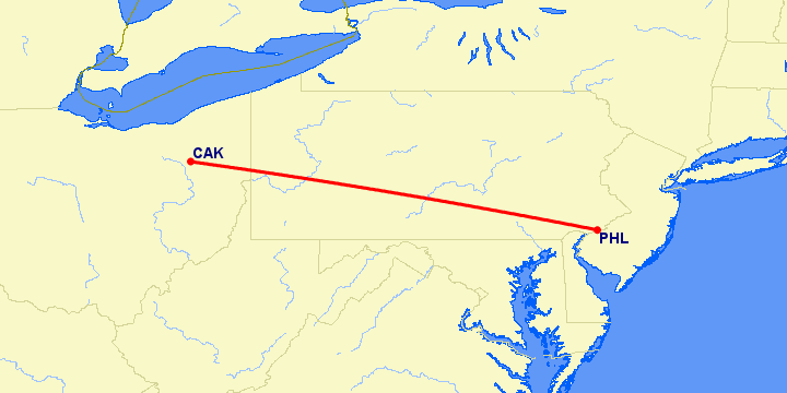 перелет Akron-Canton — Филадельфия на карте