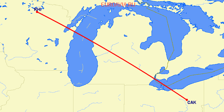 перелет Akron-Canton — Rhinelander на карте