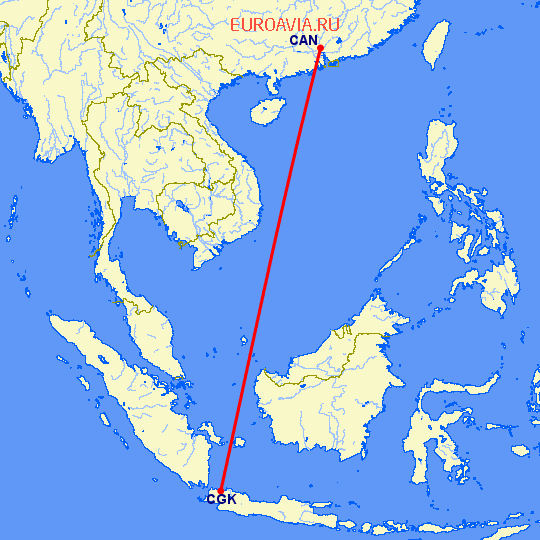перелет Гуанчжоу — Джакарта на карте