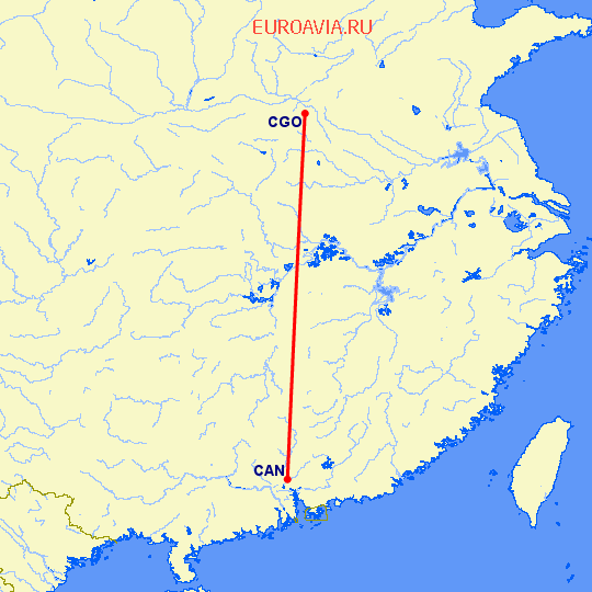 перелет Гуанчжоу — Чженчжоу на карте
