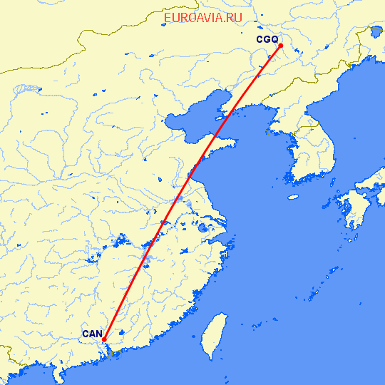 перелет Гуанчжоу — Чаньчунь на карте