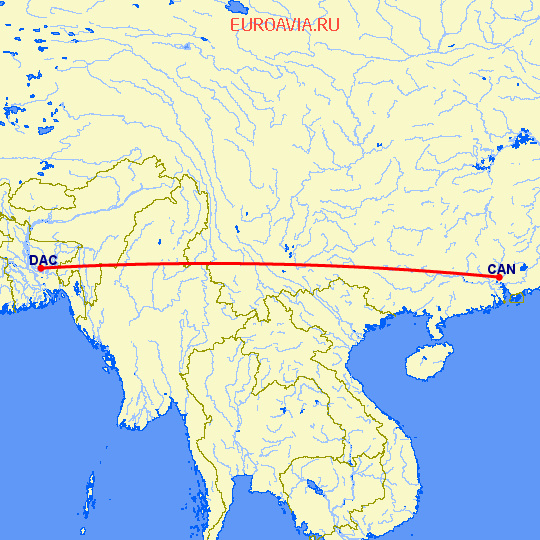 перелет Гуанчжоу — Dhaka на карте