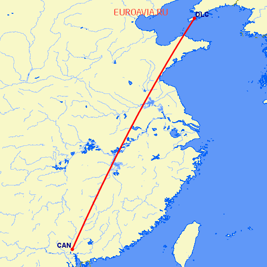 перелет Гуанчжоу — Далиан на карте