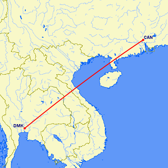 перелет Гуанчжоу — Бангкок на карте