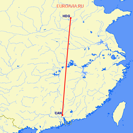 перелет Гуанчжоу — Ханьдань на карте