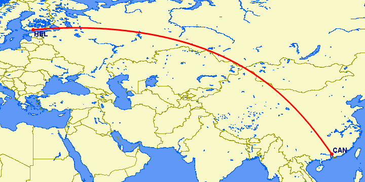 перелет Гуанчжоу — Хельсинки на карте